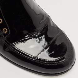 Chanel Black Patent Leather CC Lace Up Mid Calf Boots Size 38.5