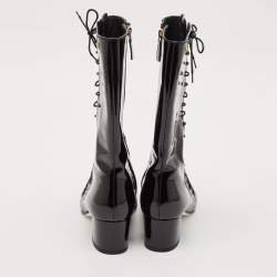 Chanel Black Patent Leather CC Lace Up Mid Calf Boots Size 38.5