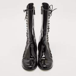 Chanel Black Patent Leather CC Lace Up Mid Calf Boots Size 38.5