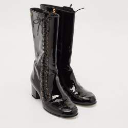 Chanel Black Patent Leather CC Lace Up Mid Calf Boots Size 38.5