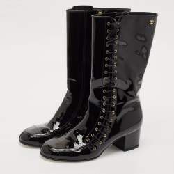 Chanel Black Patent Leather CC Lace Up Mid Calf Boots Size 38.5