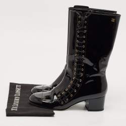 Chanel Black Patent Leather CC Lace Up Mid Calf Boots Size 38.5