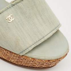 Pre Owned Chanel Light Blue Fabric Raffia Wedge Platform Sandals Size 39