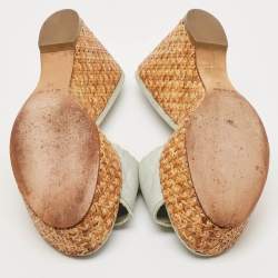 Pre Owned Chanel Light Blue Fabric Raffia Wedge Platform Sandals Size 39