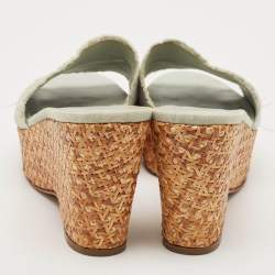 Pre Owned Chanel Light Blue Fabric Raffia Wedge Platform Sandals Size 39