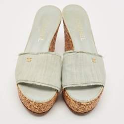 Pre Owned Chanel Light Blue Fabric Raffia Wedge Platform Sandals Size 39