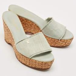 Pre Owned Chanel Light Blue Fabric Raffia Wedge Platform Sandals Size 39