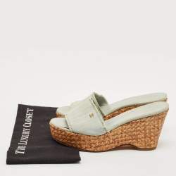 Pre Owned Chanel Light Blue Fabric Raffia Wedge Platform Sandals Size 39
