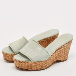 Pre Owned Chanel Light Blue Fabric Raffia Wedge Platform Sandals Size 39