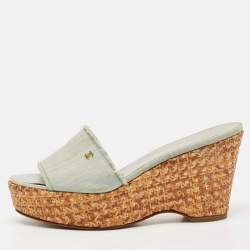 Pre Owned Chanel Light Blue Fabric Raffia Wedge Platform Sandals Size 39