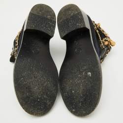 Pre Owned Chanel Black/Blue Tweed and Patent Leather Chain Embellished Boots Size 37