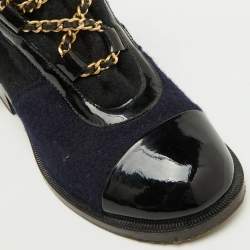 Pre Owned Chanel Black/Blue Tweed and Patent Leather Chain Embellished Boots Size 37