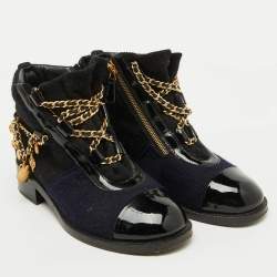 Pre Owned Chanel Black/Blue Tweed and Patent Leather Chain Embellished Boots Size 37