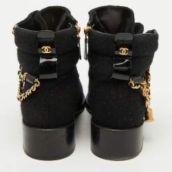 Pre Owned Chanel Black/Blue Tweed and Patent Leather Chain Embellished Boots Size 37