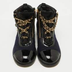 Pre Owned Chanel Black/Blue Tweed and Patent Leather Chain Embellished Boots Size 37