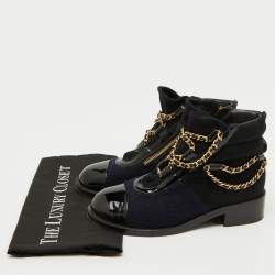 Pre Owned Chanel Black/Blue Tweed and Patent Leather Chain Embellished Boots Size 37
