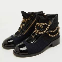 Pre Owned Chanel Black/Blue Tweed and Patent Leather Chain Embellished Boots Size 37