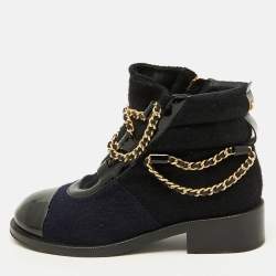 Pre Owned Chanel Black/Blue Tweed and Patent Leather Chain Embellished Boots Size 37