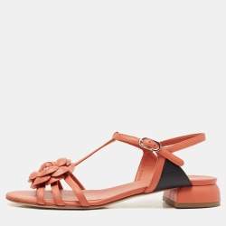 Pre Owned Chanel Orange Leather Camelia Thong Slingback Sandals Size 38.5