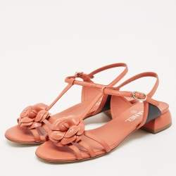 Pre Owned Chanel Orange Leather Camelia Thong Slingback Sandals Size 38.5