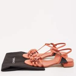 Pre Owned Chanel Orange Leather Camelia Thong Slingback Sandals Size 38.5