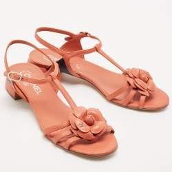Pre Owned Chanel Orange Leather Camelia Thong Slingback Sandals Size 38.5