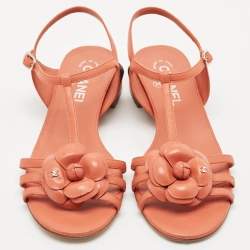 Pre Owned Chanel Orange Leather Camelia Thong Slingback Sandals Size 38.5
