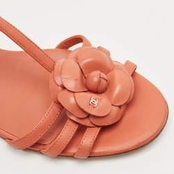 Pre Owned Chanel Orange Leather Camelia Thong Slingback Sandals Size 38.5