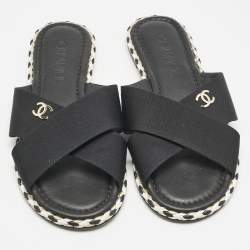Pre Owned Chanel Black Canvas CC Flat Slides Size 38