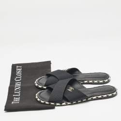 Pre Owned Chanel Black Canvas CC Flat Slides Size 38