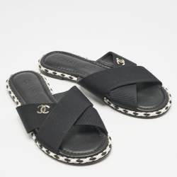 Pre Owned Chanel Black Canvas CC Flat Slides Size 38
