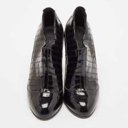 Chanel Black Patent Leather New York Ribbed Ankle Booties Size 37