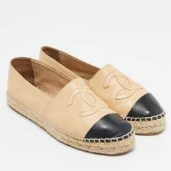 Pre Owned Chanel Beige/Black Leather CC Cap Toe Espadrille Flats Size 38