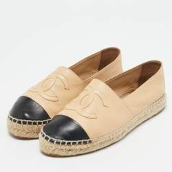 Pre Owned Chanel Beige/Black Leather CC Cap Toe Espadrille Flats Size 38