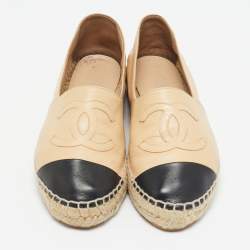 Pre Owned Chanel Beige/Black Leather CC Cap Toe Espadrille Flats Size 38