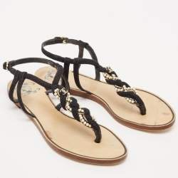 Chanel Black Rope and Suede CC Slingback Flat Sandals Size 37