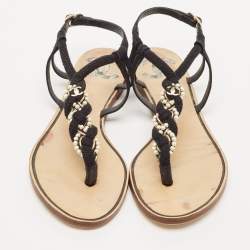 Chanel Black Rope and Suede CC Slingback Flat Sandals Size 37