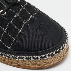Pre Owned Chanel Black/Gold Canvas and Tweed CC Espadrille Flats Size 37