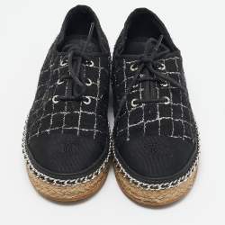 Pre Owned Chanel Black/Gold Canvas and Tweed CC Espadrille Flats Size 37