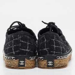 Pre Owned Chanel Black/Gold Canvas and Tweed CC Espadrille Flats Size 37
