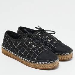 Pre Owned Chanel Black/Gold Canvas and Tweed CC Espadrille Flats Size 37