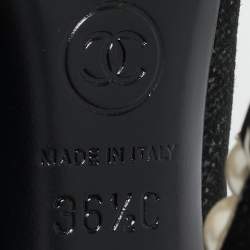 Chanel Black/Silver Suede Pearl Heel Lace Up Ankle Boots Size 36.5