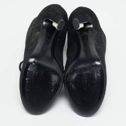 Chanel Black/Silver Suede Pearl Heel Lace Up Ankle Boots Size 36.5