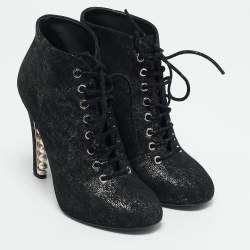 Chanel Black/Silver Suede Pearl Heel Lace Up Ankle Boots Size 36.5