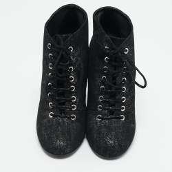 Chanel Black/Silver Suede Pearl Heel Lace Up Ankle Boots Size 36.5