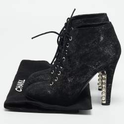 Chanel Black/Silver Suede Pearl Heel Lace Up Ankle Boots Size 36.5