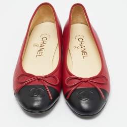 مملوكة مسبقًا Chanel Red/Black Leather CC Cap Toe Bow Ballet Flats Size 36.5