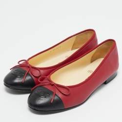 مملوكة مسبقًا Chanel Red/Black Leather CC Cap Toe Bow Ballet Flats Size 36.5