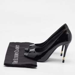 Pre Owned Chanel Black  Patent Leather CC Pearl Embellished Peep Toe Pumps Size 38