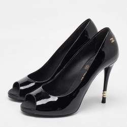 Pre Owned Chanel Black  Patent Leather CC Pearl Embellished Peep Toe Pumps Size 38